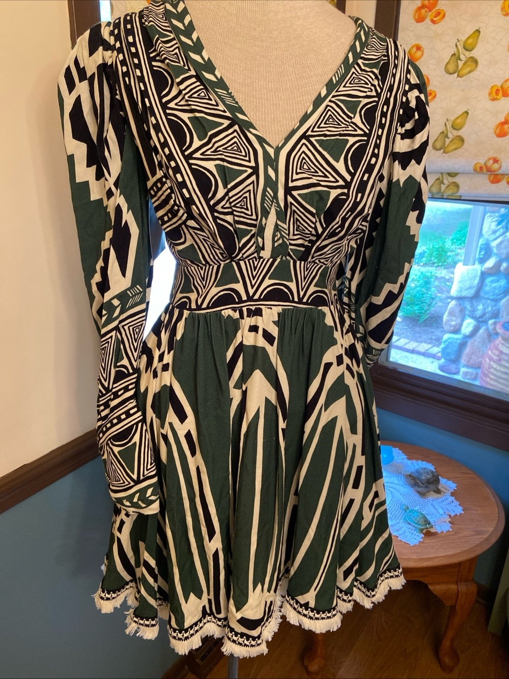 PatBO Green, White & Black Geometric V-Neck Mini Dress NWT